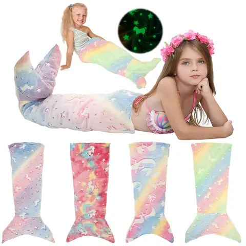 Flannel Mermaid Sleeping Bag Super Soft Luminous Mermaid Blanket Flannel Girls Mermaid Tail Blanket Gifts for Girls 3 to 6 Years