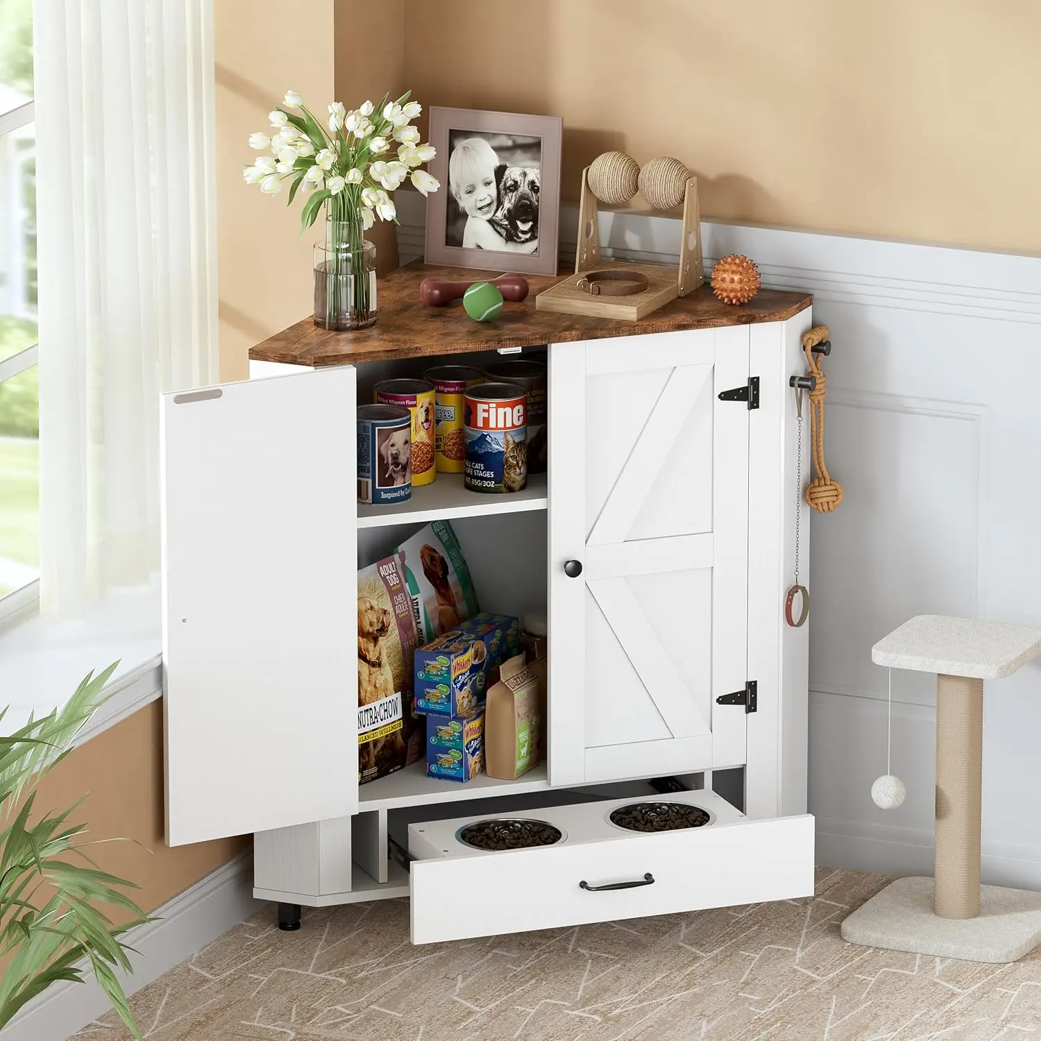 Farmhouse Dog Food Storage Corner Cabinet, Dog Feeding Station with 2 Hidden Bowls, Adjustable Panel, 4 Hooks, Pet, Customized
Farmhouse Dog Food Storage Corner Cabinet, Dog Feeding Station with 2 Hidden Bowls, Adjustable Panel, 4 Hooks, Pet, Customized