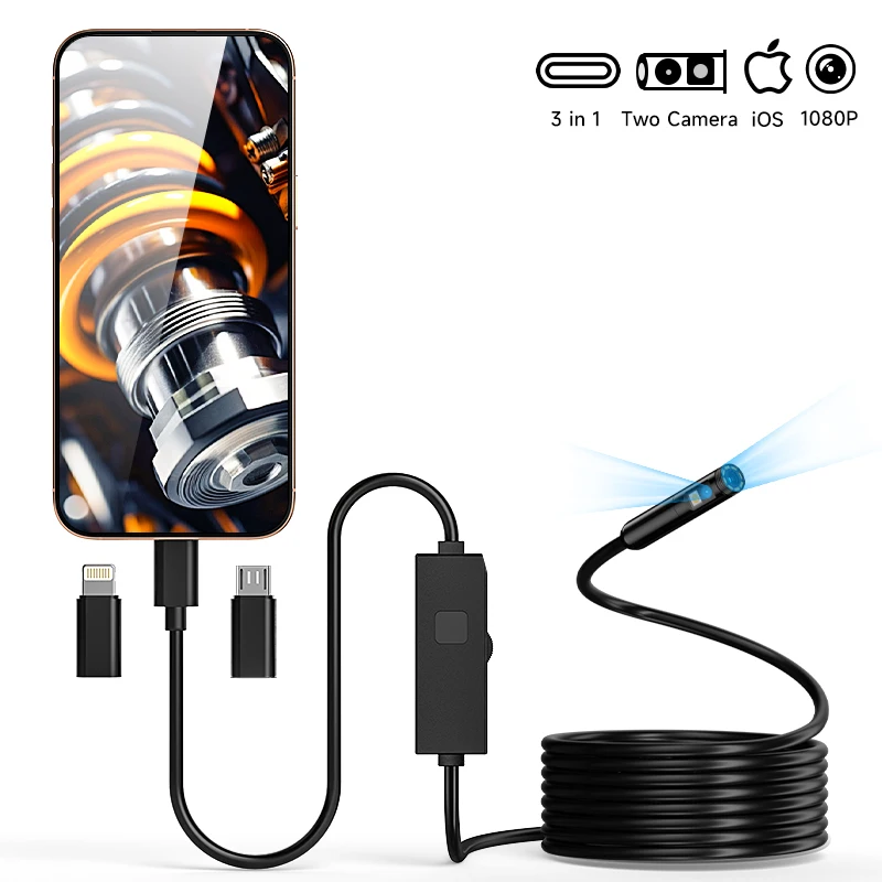 Эндоскоп 3 в 1 с прямым подключением для iPhone/Type-C/Android, 8 мм, двойной объектив, 1080P, бороскопическая камера для осмотра трубопроводов, автомобильной канализации
Эндоскоп 3 в 1 с прямым подключением для iPhone/Type-C/Android, 8 мм, двойной объектив, 1080P, бороскопическая камера для осмотра трубопроводов, автомобильной канализации