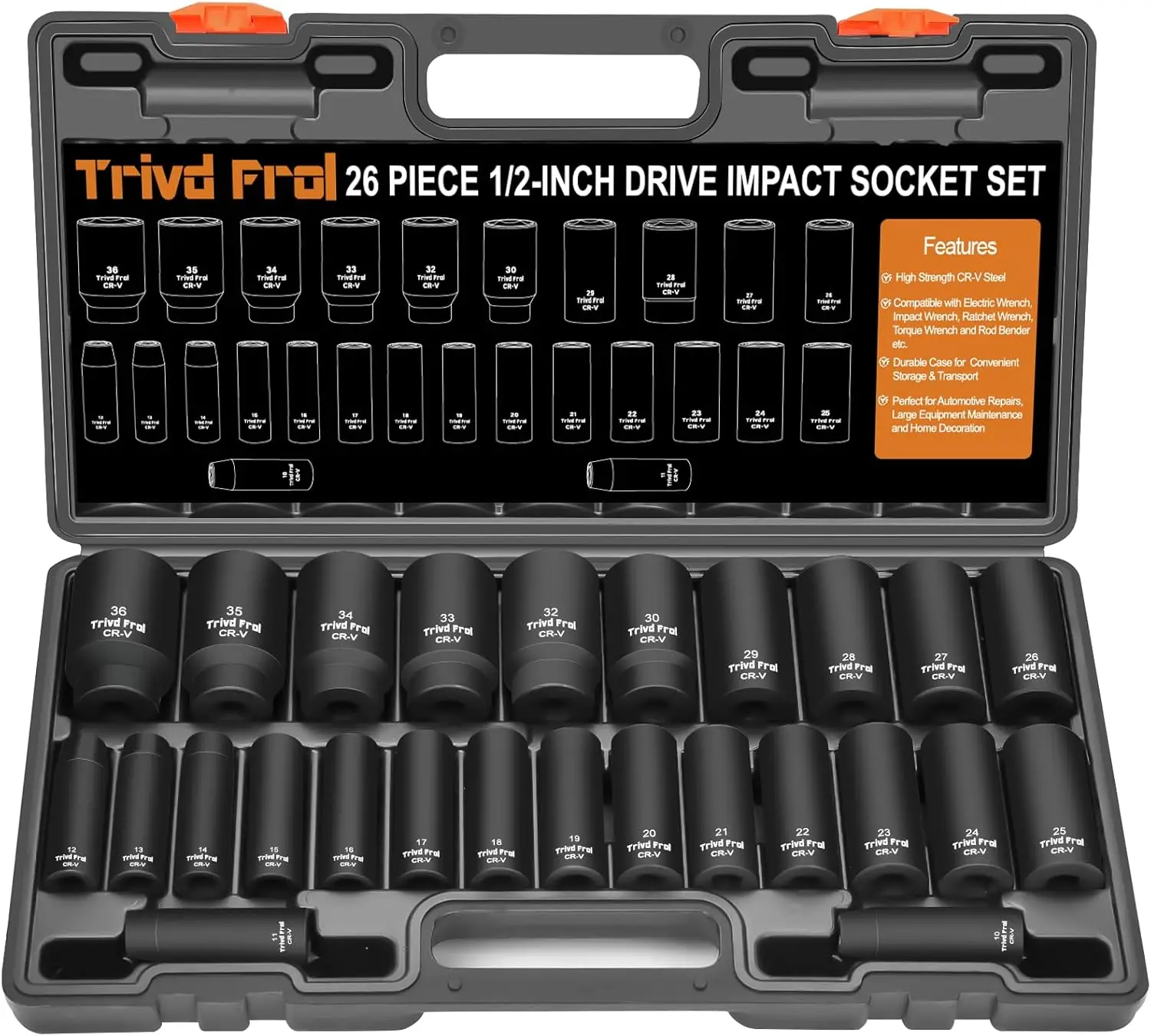 26-Piece Metric Impact Socket Set 1/2" Drive 10-36mm with Double Lock Case for Impact Wrenches
26-Piece Metric Impact Socket Set 1/2" Drive 10-36mm with Double Lock Case for Impact Wrenches