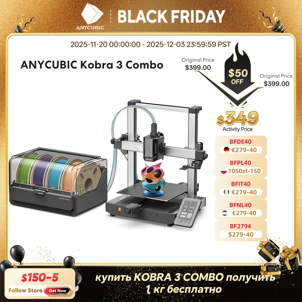 ANYCUBIC Kobra 3 Combo AE Version FDM Print in 4 to 8 Color 3D Printer With Max 600mm/s Printing Speed Build Size 250x250x260mm
ANYCUBIC Kobra 3 Combo AE Version FDM Print in 4 to 8 Color 3D Printer With Max 600mm/s Printing Speed Build Size 250x250x260mm