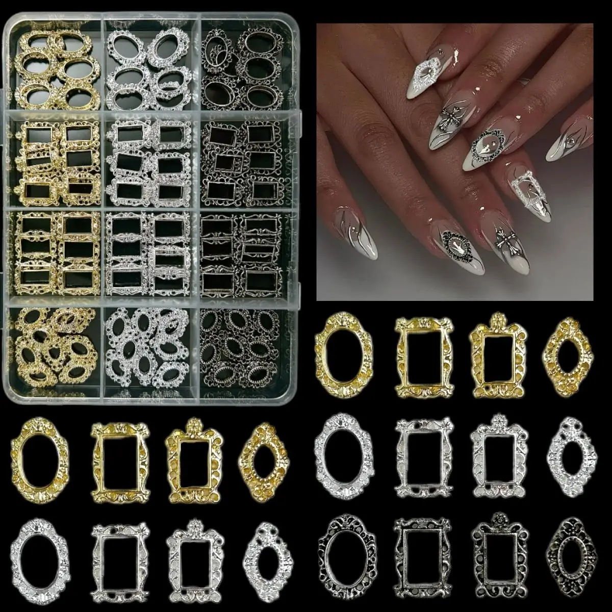 1 Box Retro Elegant Alloy Frame Nail Art Decoration 3D 4 Styles Hollow Out Mini Picture Frame Nail Charms DIY Crafts Accessories
1 Box Retro Elegant Alloy Frame Nail Art Decoration 3D 4 Styles Hollow Out Mini Picture Frame Nail Charms DIY Crafts Accessories