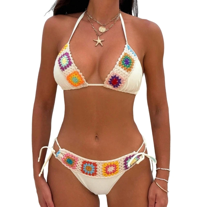 Women Triangular Thong Swimsuit Two Piece Halterneck Swimming Costume Crochet Bathing Suit with Low Waist Thong Briefs
Women Triangular Thong Swimsuit Two Piece Halterneck Swimming Costume Crochet Bathing Suit with Low Waist Thong Briefs