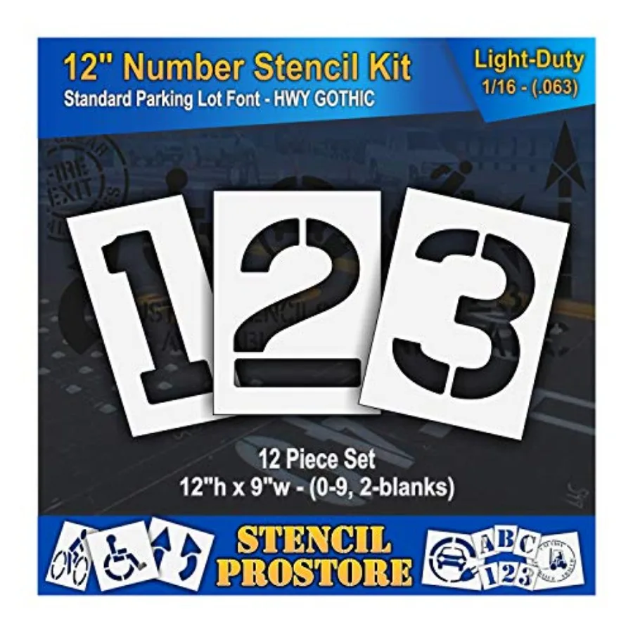 Pavement Stencils - 12 inch Number KIT Stencil Set - 12 Piece - 12" x 9" x 1/16" (63 mil) - Light-Duty
Pavement Stencils - 12 inch Number KIT Stencil Set - 12 Piece - 12" x 9" x 1/16" (63 mil) - Light-Duty