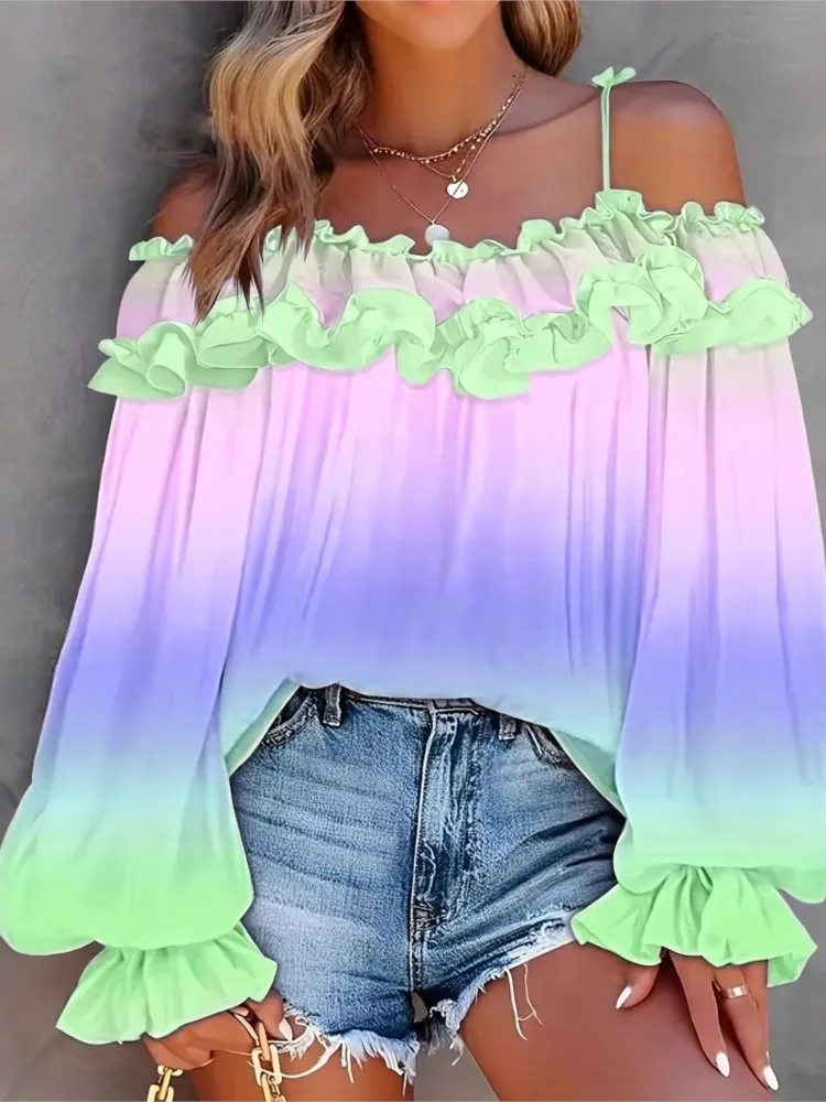 Fashion Off-shoulder Lace-Up Blouse Women Casual Loose Top Spring Autumn Long Sleeve Gradient Print Shirt Ruffles Vacation Style
Fashion Off-shoulder Lace-Up Blouse Women Casual Loose Top Spring Autumn Long Sleeve Gradient Print Shirt Ruffles Vacation Style