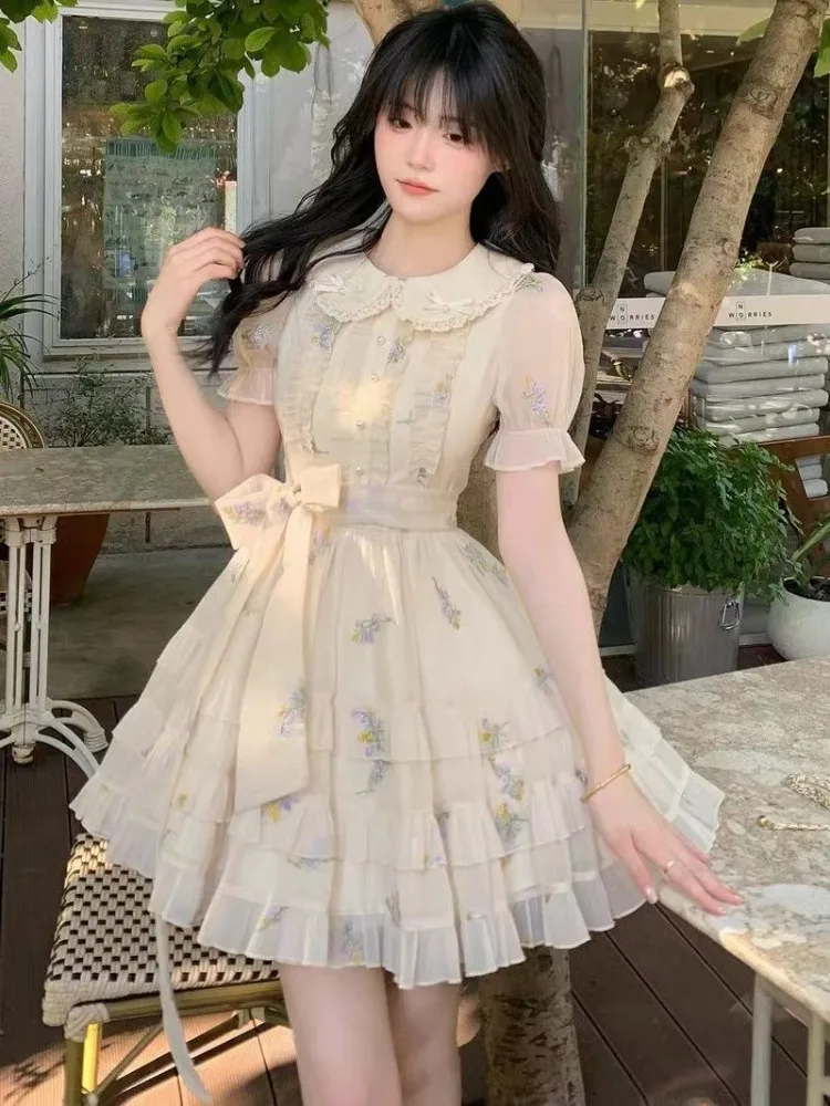 Summer Sweet Peter Pan Collar Floral Dresses Y2k Slim Waist Lace Up Bow Dress for Women 2025 New Puff Sleeve Vestidos Mujer 
Summer Sweet Peter Pan Collar Floral Dresses Y2k Slim Waist Lace Up Bow Dress for Women 2025 New Puff Sleeve Vestidos Mujer