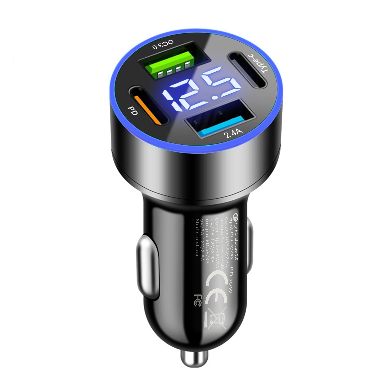 4-In-1 Car Charger with PD+QC 3.0 Quick Charging USB-C, PD 30 W 4 Ports(2 A 2 C) Car Charger Adapter with LED Display for Phone
4-In-1 Car Charger with PD+QC 3.0 Quick Charging USB-C, PD 30 W 4 Ports(2 A 2 C) Car Charger Adapter with LED Display for Phone
