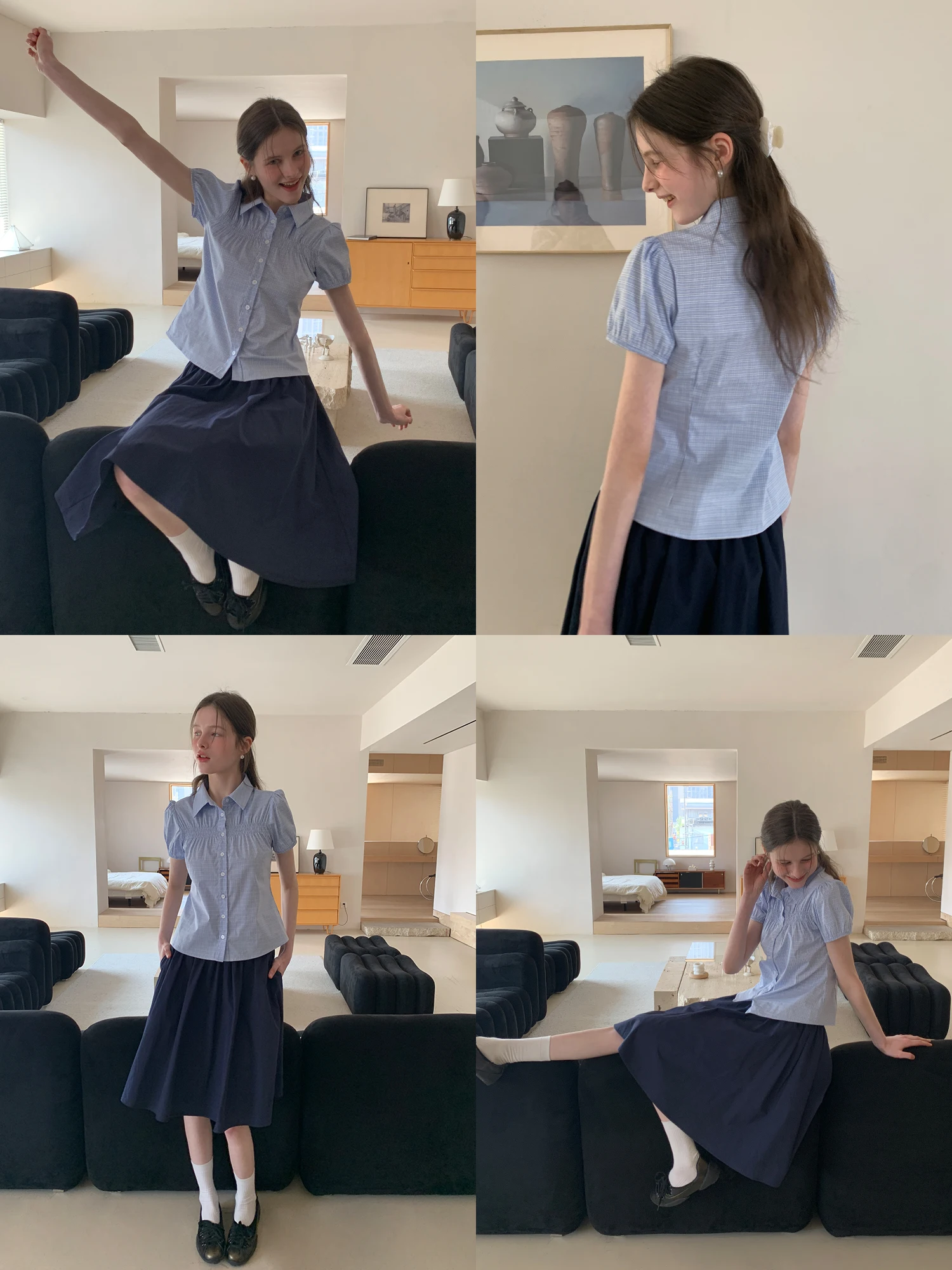 EGGKA Blue Plaid Short Sleeve Shirt Women's Summer Elegant Slim Fit Collar Bubble Sleeve Shirt Cotton Nylon Polyester Blend
EGGKA Blue Plaid Short Sleeve Shirt Women's Summer Elegant Slim Fit Collar Bubble Sleeve Shirt Cotton Nylon Polyester Blend