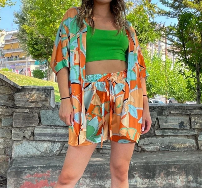 Women's Vacation Suit 2024 Spring/summer Latest Leisure Fashion Printed Lace Up Shorts with 3/4 Sleeves Shirts Shorts Beach Set
Women's Vacation Suit 2024 Spring/summer Latest Leisure Fashion Printed Lace Up Shorts with 3/4 Sleeves Shirts Shorts Beach Set