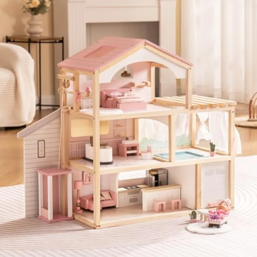 Wooden dollhouse for kids ages 3+, pink, with 6 rooms, 29-pcs furniture set, working elevator, garage, and swimming pool
Wooden dollhouse for kids ages 3+, pink, with 6 rooms, 29-pcs furniture set, working elevator, garage, and swimming pool