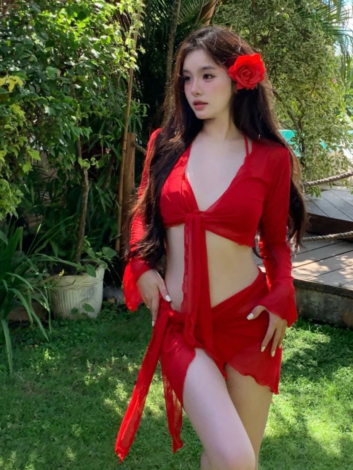 White Enhancing Pure Desire Red Bikini Set Long Sve Separate Vaion Sle Women's Swimsuit with Chest Pad No Steel Ring
White Enhancing Pure Desire Red Bikini Set Long Sve Separate Vaion Sle Women's Swimsuit with Chest Pad No Steel Ring