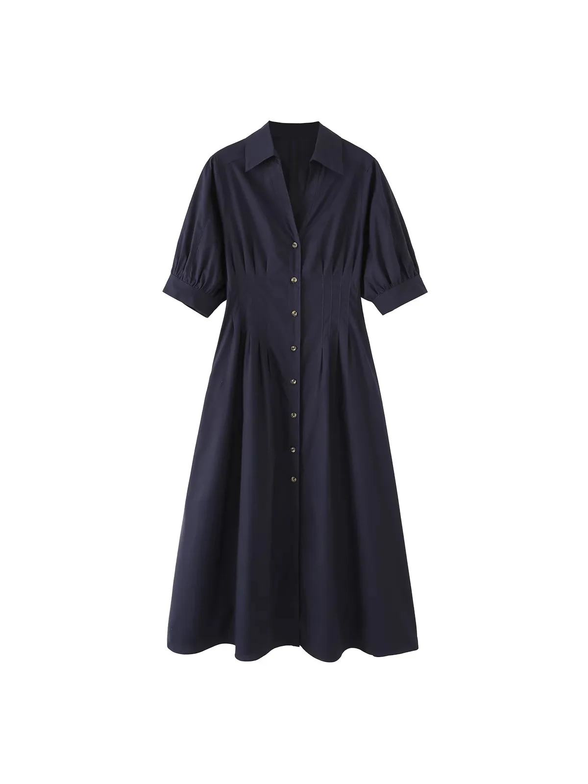 Withered New Women's Pleated Decorative Flip Collar Bubble Short Sleeved Poplin Midi Dress
Withered New Women's Pleated Decorative Flip Collar Bubble Short Sleeved Poplin Midi Dress