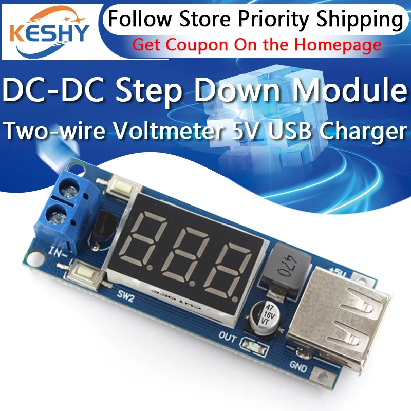 DC-DC Step Down Module Two-wire Voltmeter 5 V USB Charger or Power Supply Input 4.5V-40V Output 5V/2A
DC-DC Step Down Module Two-wire Voltmeter 5 V USB Charger or Power Supply Input 4.5V-40V Output 5V/2A