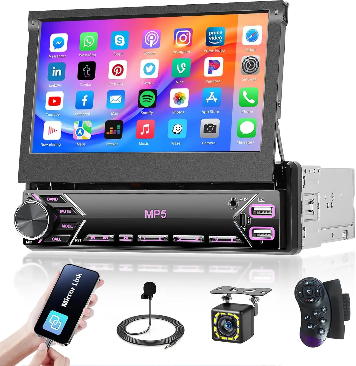 7 Inch Car Stereo, 1 DIN Touch Screen, Bluetooth 5.0, HD Radio, MirrorLink, Dual USB/Type-C, Backup Camera & Mic
7 Inch Car Stereo, 1 DIN Touch Screen, Bluetooth 5.0, HD Radio, MirrorLink, Dual USB/Type-C, Backup Camera & Mic