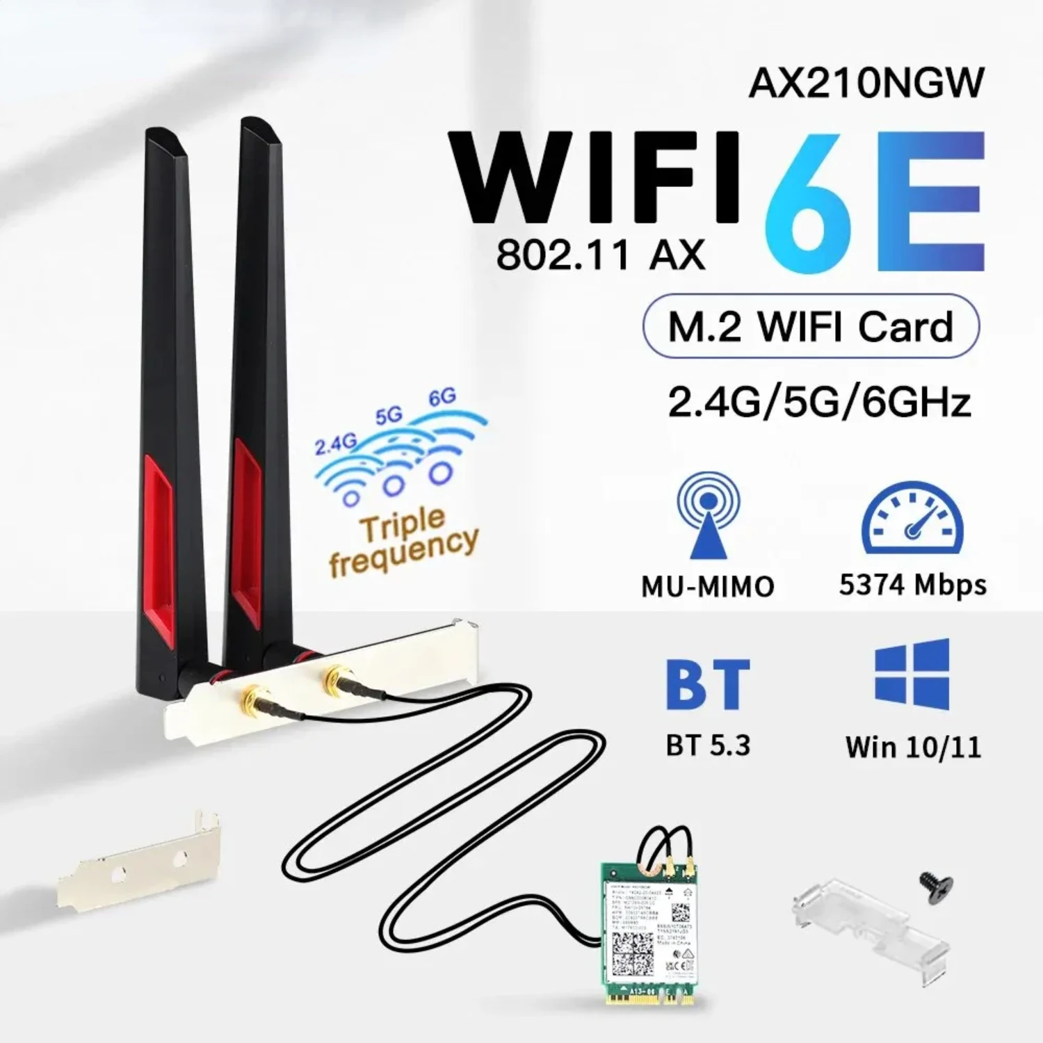 WiFi 6E AX210 M.2 Wireless Adapter 2.4G/5G/6GHz Bluetooth 5.3 Wi-Fi 6 AX210NGW NGFF 10DBI Antenna Set For Desktop/PC Win10/11
WiFi 6E AX210 M.2 Wireless Adapter 2.4G/5G/6GHz Bluetooth 5.3 Wi-Fi 6 AX210NGW NGFF 10DBI Antenna Set For Desktop/PC Win10/11