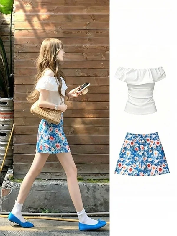 Korean College Style OOTD Set Summer One Shoulder White Top Floral Wrap around Skirt Two Piece Women's Fashion Ensemble
Korean College Style OOTD Set Summer One Shoulder White Top Floral Wrap around Skirt Two Piece Women's Fashion Ensemble