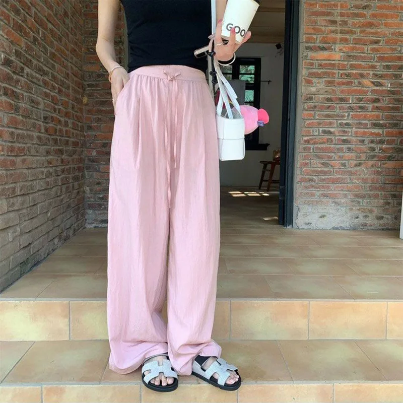 Girls High Waist Casual Straight Leg Pants Female Korean Drawstring Ice Silk Trousers Lady Ins Fashion Solid Pants
Girls High Waist Casual Straight Leg Pants Female Korean Drawstring Ice Silk Trousers Lady Ins Fashion Solid Pants