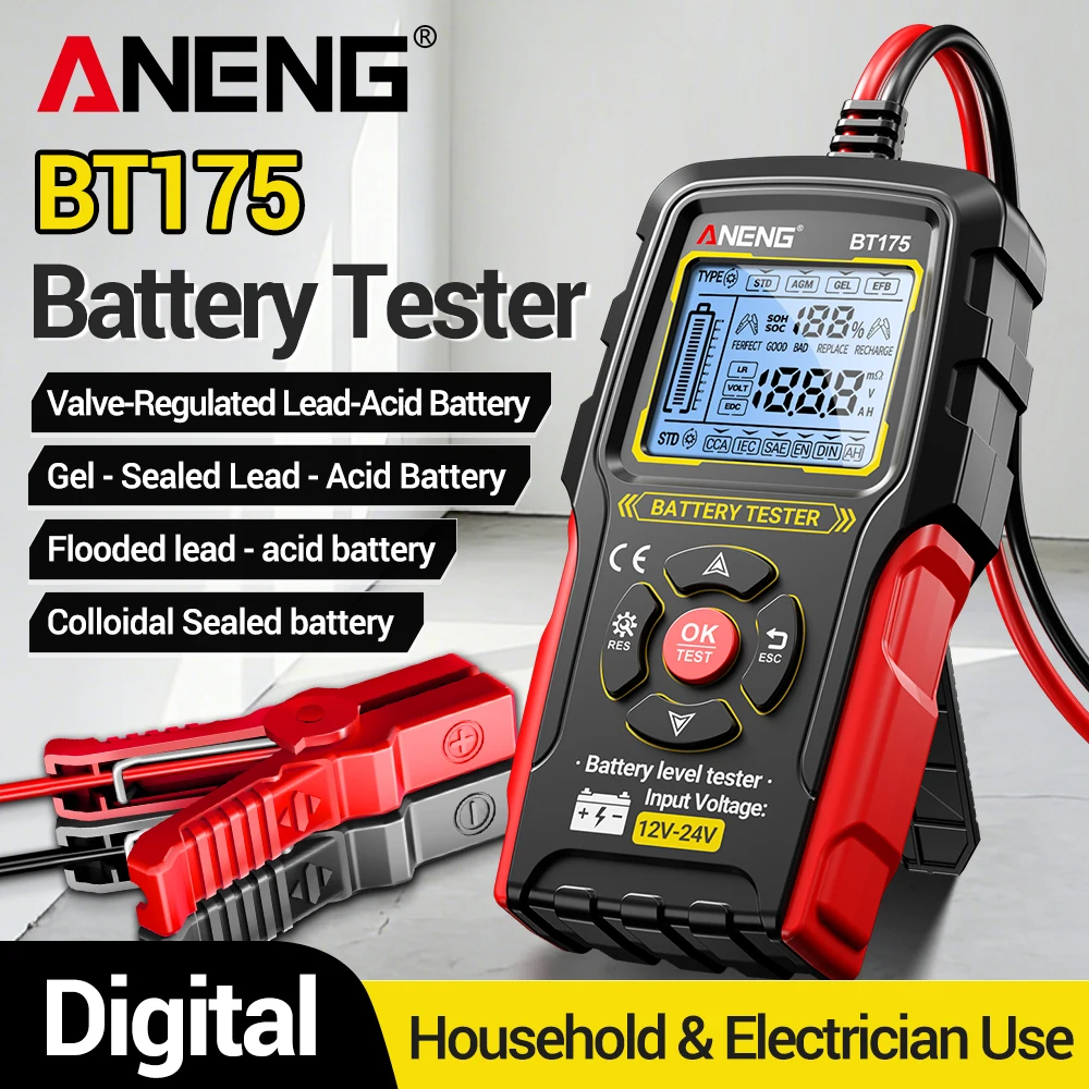 Тестер автомобильных аккумуляторов ANENG BT175 12В/24В с изолированными зажимами типа «крокодил», не требует внешнего питания, быстрое определение SOC/SOH
Тестер автомобильных аккумуляторов ANENG BT175 12В/24В с изолированными зажимами типа «крокодил», не требует внешнего питания, быстрое определение SOC/SOH