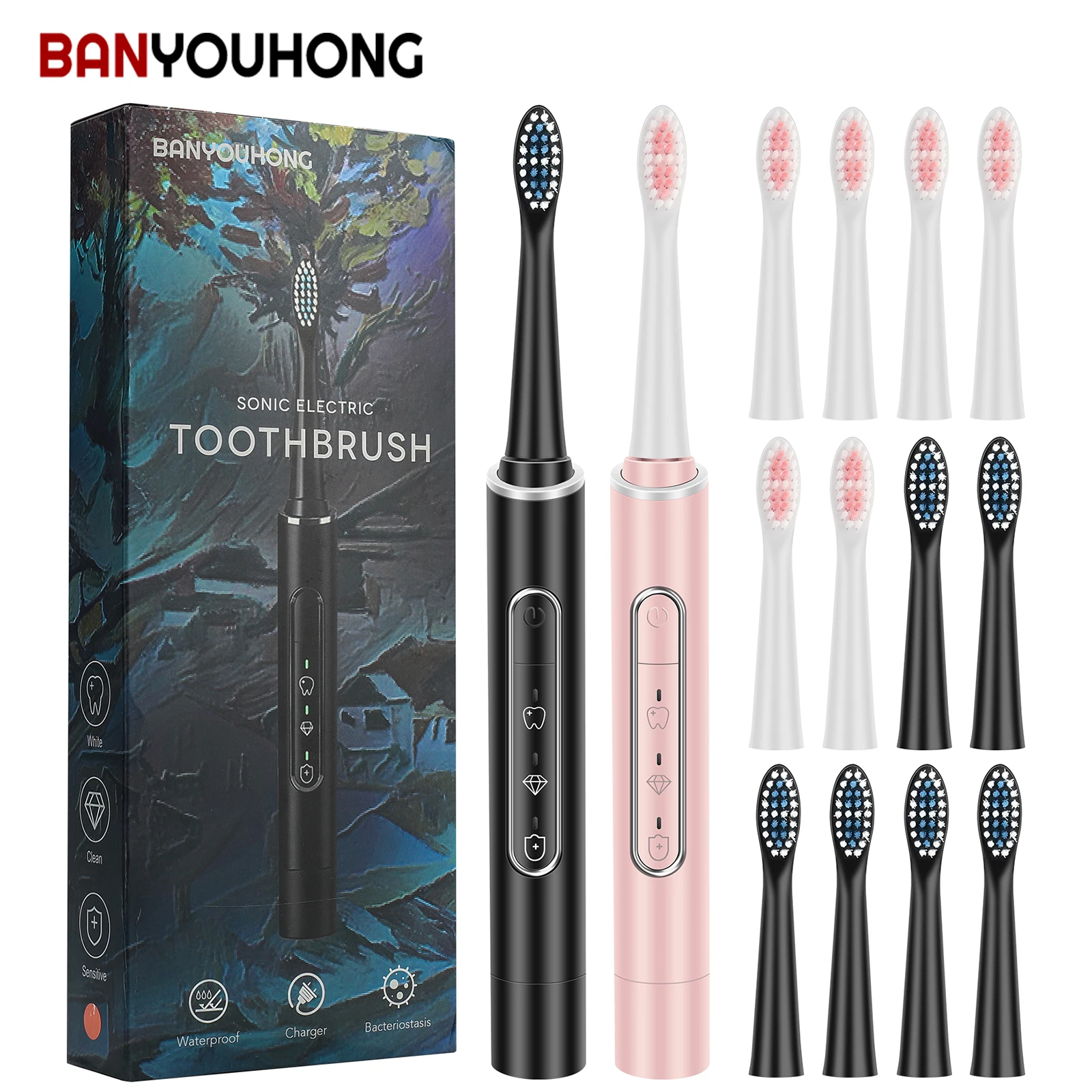 Электрическая звуковая зубная щетка BANYOUHONG с зарядкой от USB, перезаряжаемая Водонепроницаемая электрическая зубная щетка для взрослых с 6 сменными насадками BT01
Электрическая звуковая зубная щетка BANYOUHONG с зарядкой от USB, перезаряжаемая Водонепроницаемая электрическая зубная щетка для взрослых с 6 сменными насадками BT01