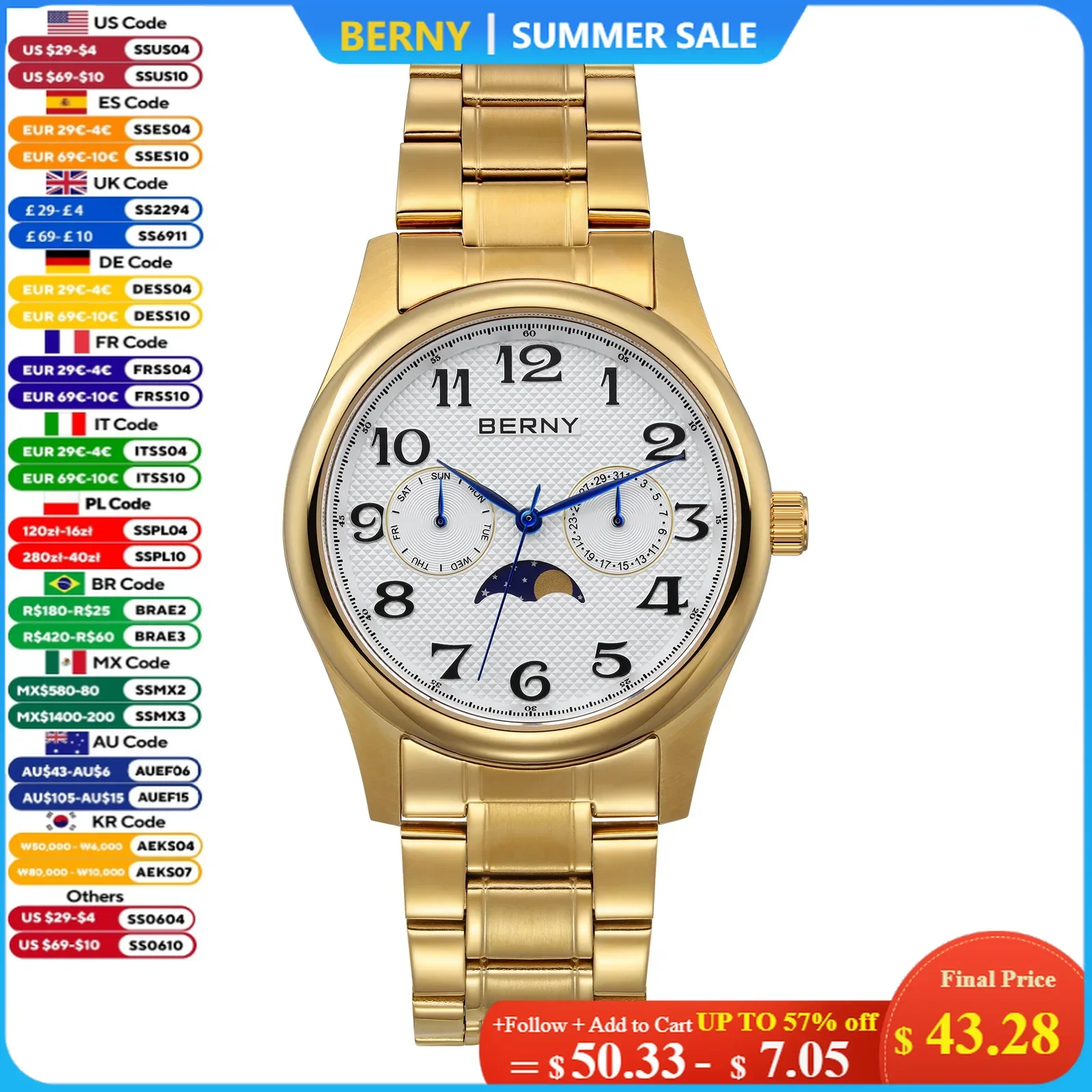 BERNY Gold Men's Watch Stainless Steel Luxury Quartz Moon Phase Watches for Men Vintage Calendar Wristwatch Easy Read Multi-hand
BERNY Gold Men's Watch Stainless Steel Luxury Quartz Moon Phase Watches for Men Vintage Calendar Wristwatch Easy Read Multi-hand