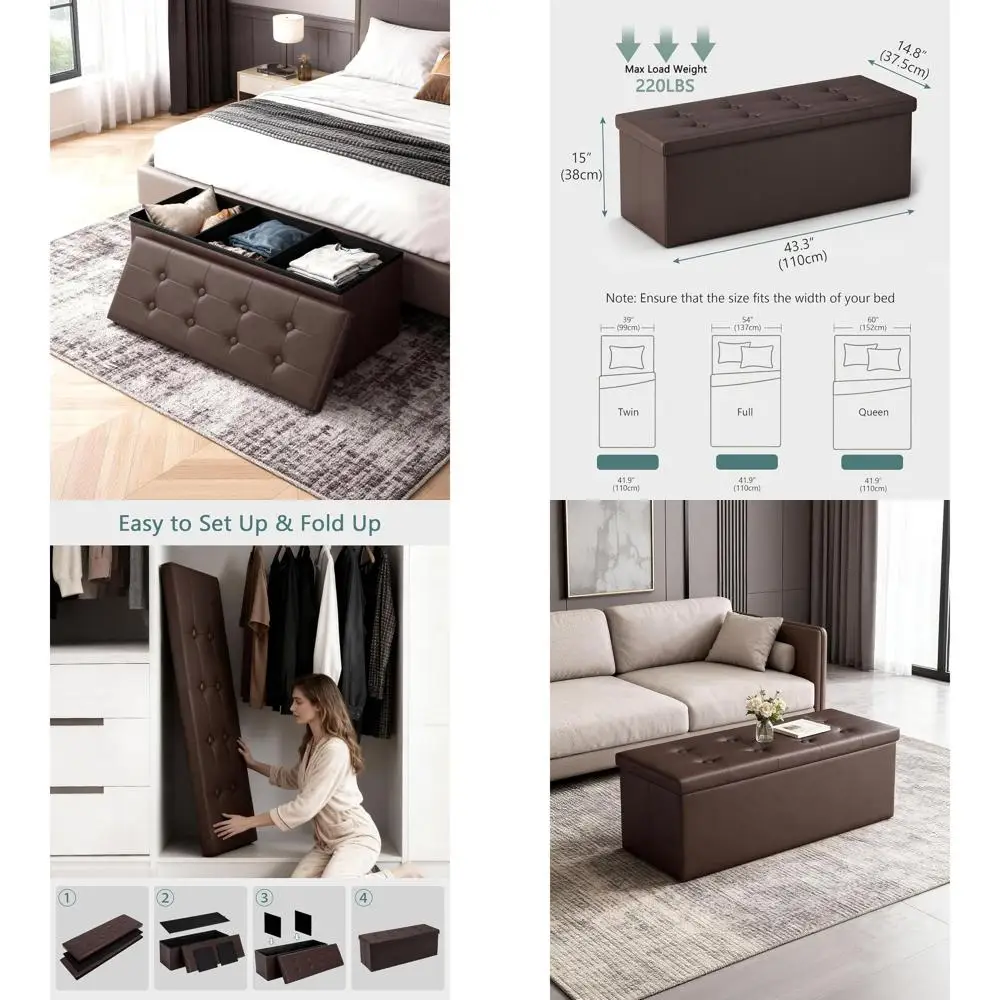Brown Leatherette Folding Ottoman Bench with Storage, 43, Holds 660 lbs, Ideal for Bedroom or Hallway
Brown Leatherette Folding Ottoman Bench with Storage, 43, Holds 660 lbs, Ideal for Bedroom or Hallway