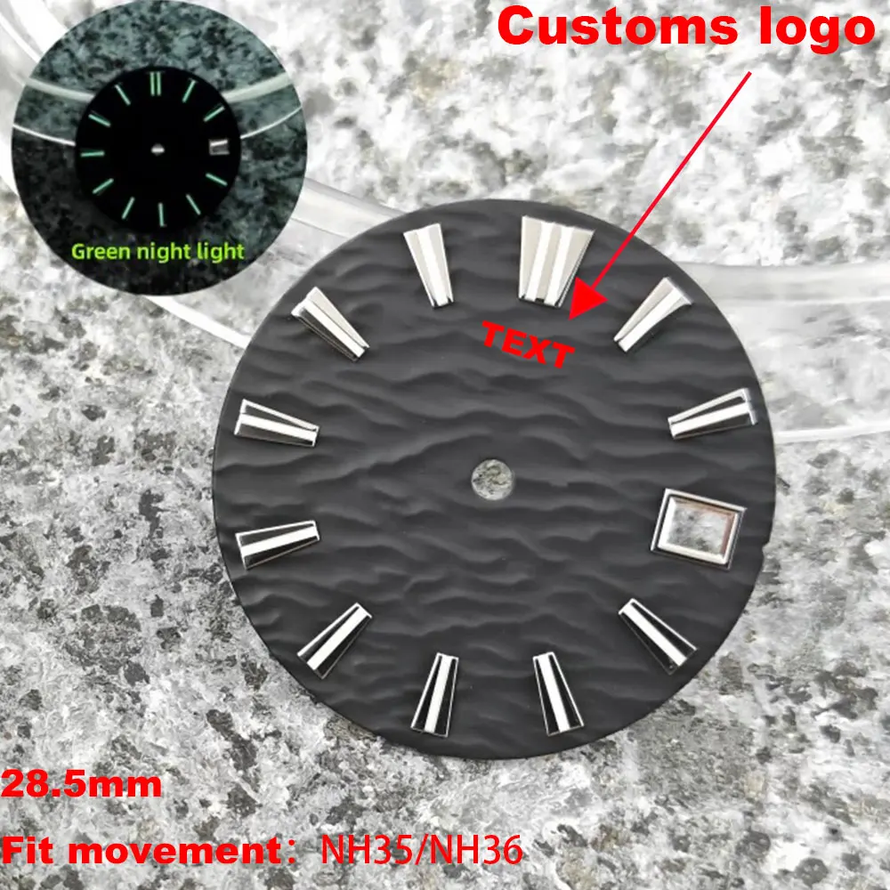28.5mm water ripple GS dial C3 green night light suitable for NH35 NH36 movement watch modification with customizable logo
28.5mm water ripple GS dial C3 green night light suitable for NH35 NH36 movement watch modification with customizable logo