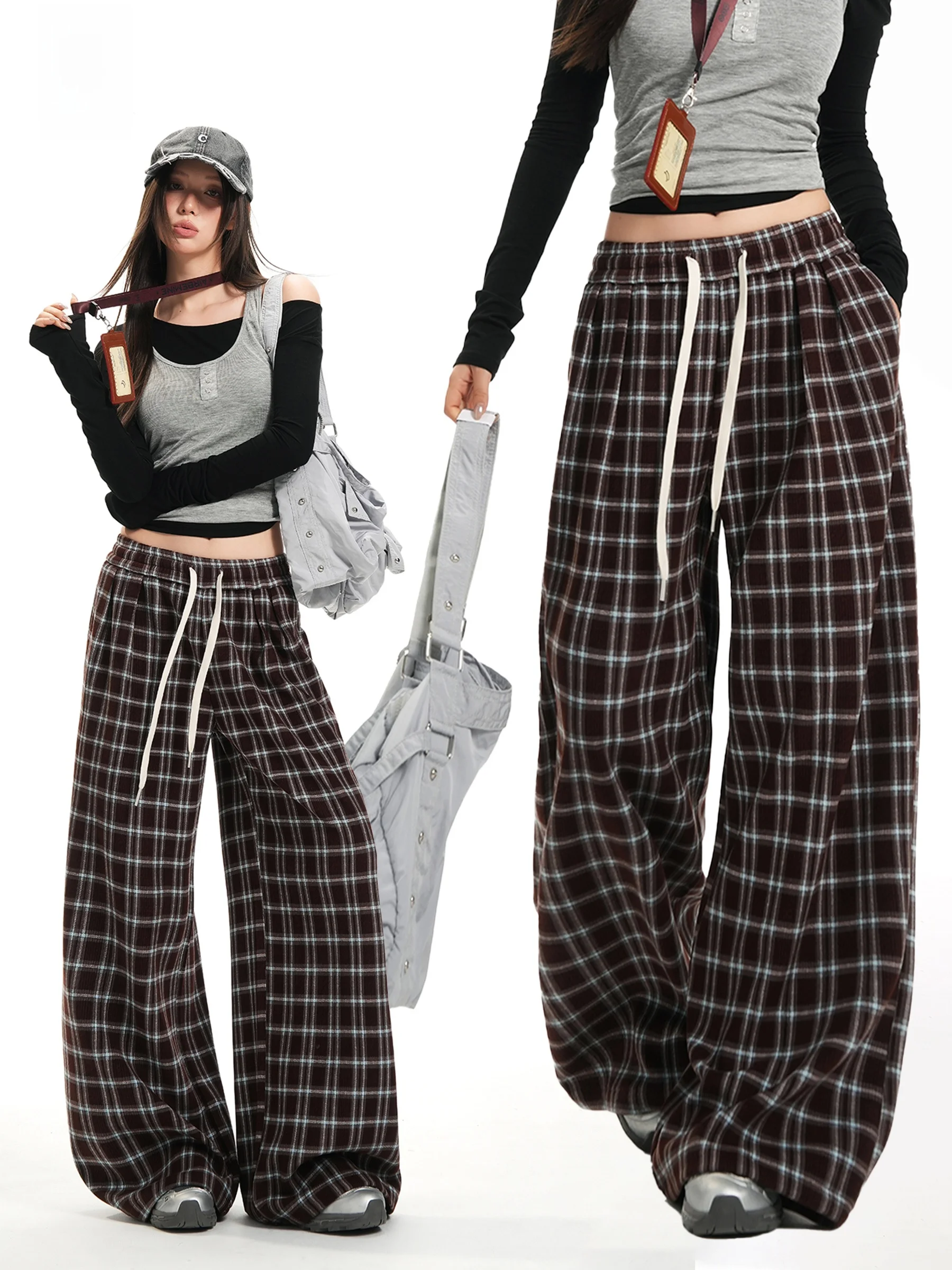 Low Waist Plaid Drawstring Casual Pants Women's Loose Slimming Hip Covering Color Block Wide Leg Long Trousers
Low Waist Plaid Drawstring Casual Pants Women's Loose Slimming Hip Covering Color Block Wide Leg Long Trousers