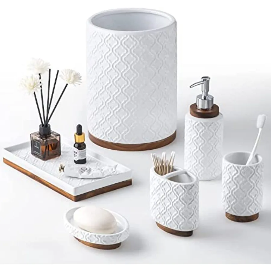 Elegant 6 PCS CeramicandWood Bathroom Accessories Set:Soap Dispenser, Toothbrush Holder, Tumbler, Soap Dish, Tray, Trash Can, E
Elegant 6 PCS CeramicandWood Bathroom Accessories Set:Soap Dispenser, Toothbrush Holder, Tumbler, Soap Dish, Tray, Trash Can, E