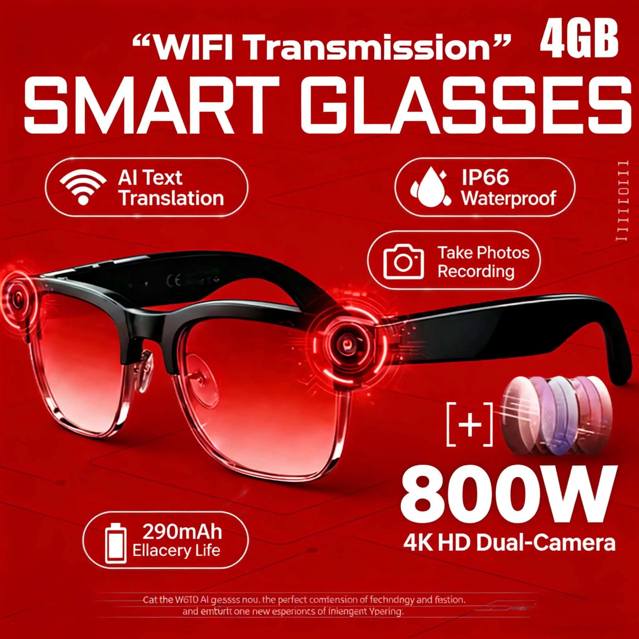 Smart AI Glasses 4K 8MP Camera Recording Videos Photo Recognition Answer Translation BT Call Photochromic Sunglasses Waterproof
Smart AI Glasses 4K 8MP Camera Recording Videos Photo Recognition Answer Translation BT Call Photochromic Sunglasses Waterproof