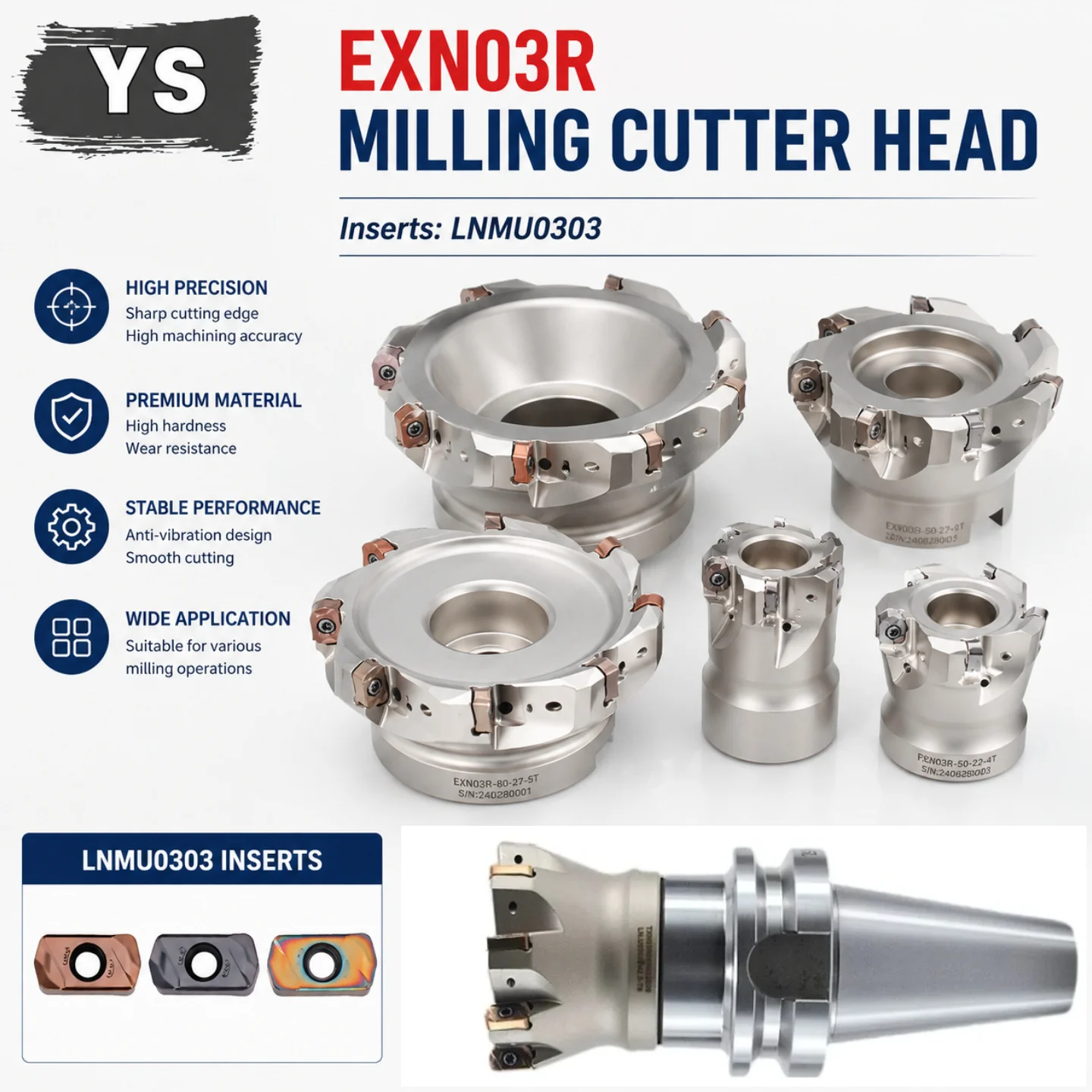 YS CNC Hi-FeedMilling Head EXN03R Machining Steel-Alloy 16mm 22mm 27mm 32mm 40mm for LNMU0303 Carbide Insert Milling Cutter
YS CNC Hi-FeedMilling Head EXN03R Machining Steel-Alloy 16mm 22mm 27mm 32mm 40mm for LNMU0303 Carbide Insert Milling Cutter