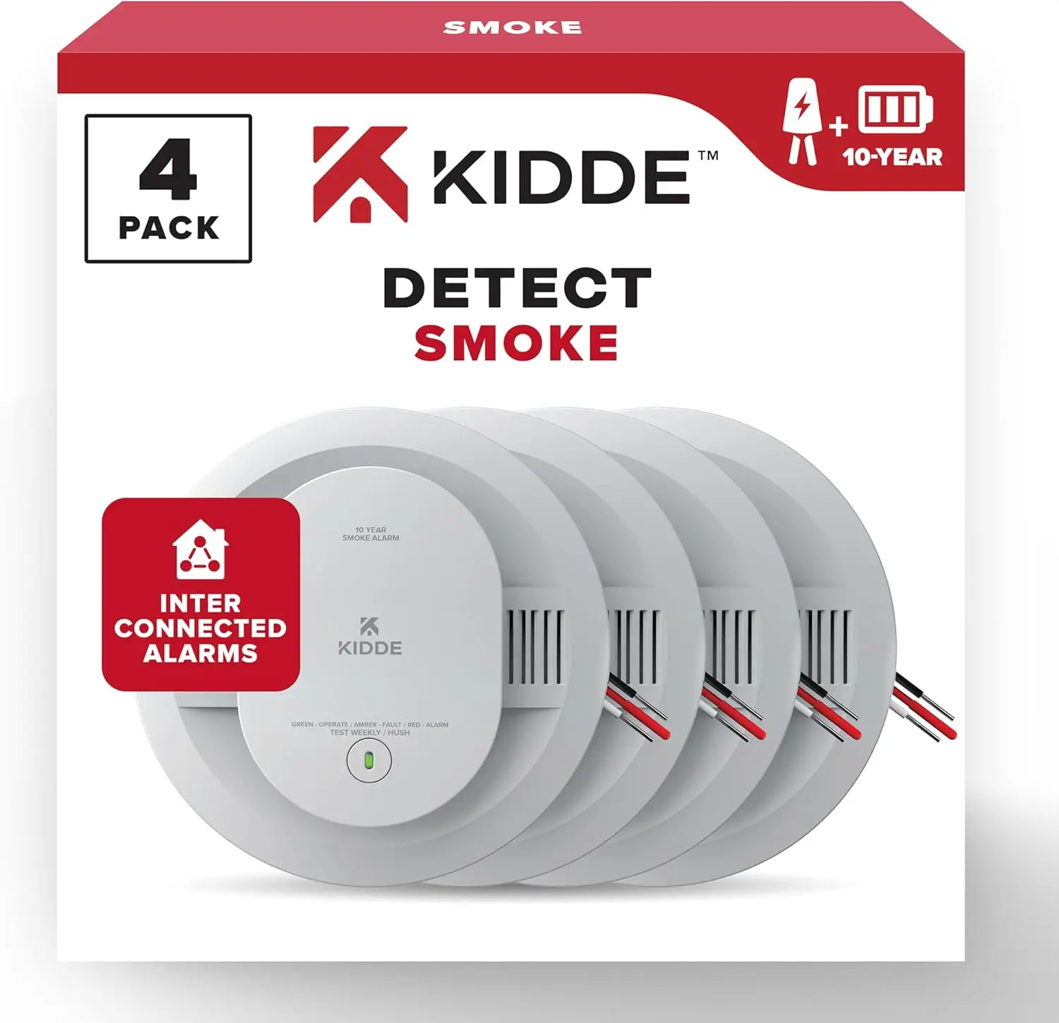 Hardwired Smoke Detector with 10-Year Battery Backup, Interconnectable, LED Indicators, 4-Pack for Home Safety