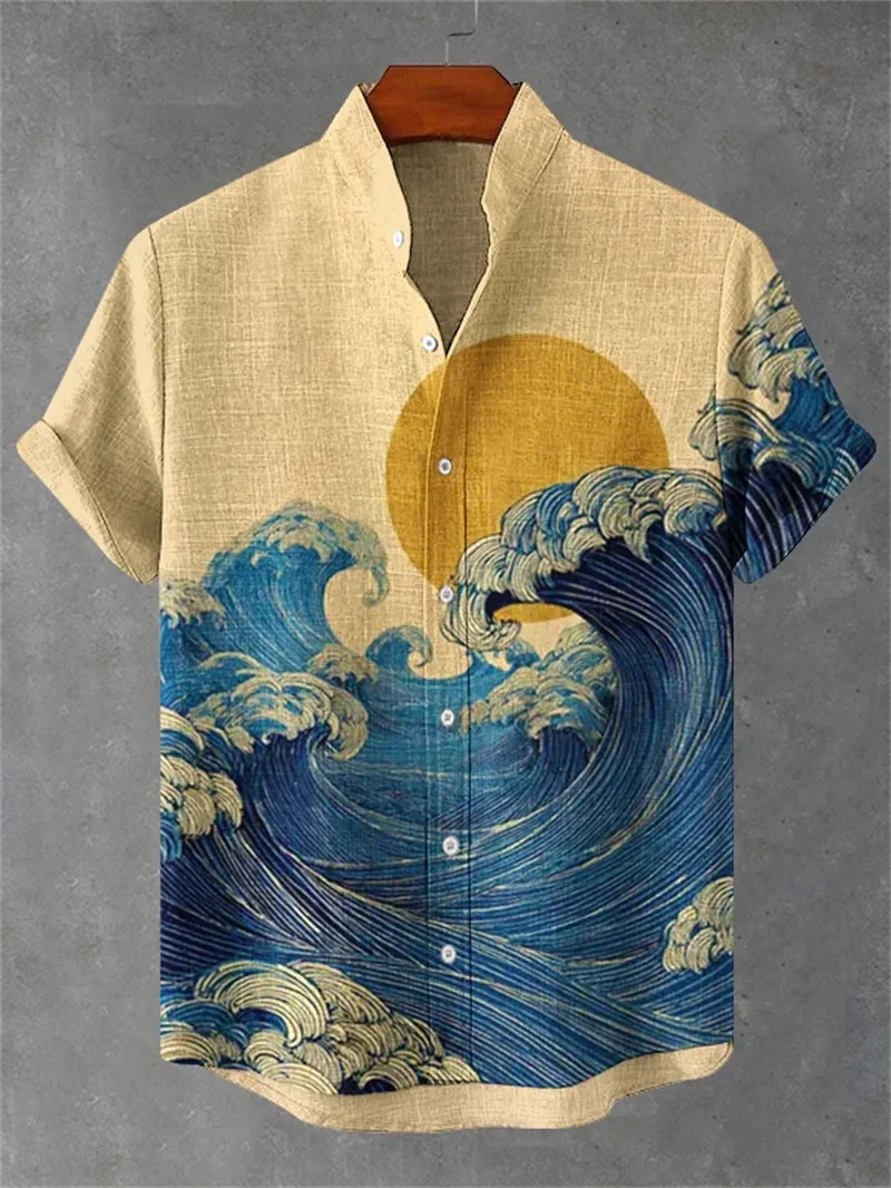 New Chinese style linen short sleeved shirt for men with black background and cross shore flower print Zen style top
New Chinese style linen short sleeved shirt for men with black background and cross shore flower print Zen style top