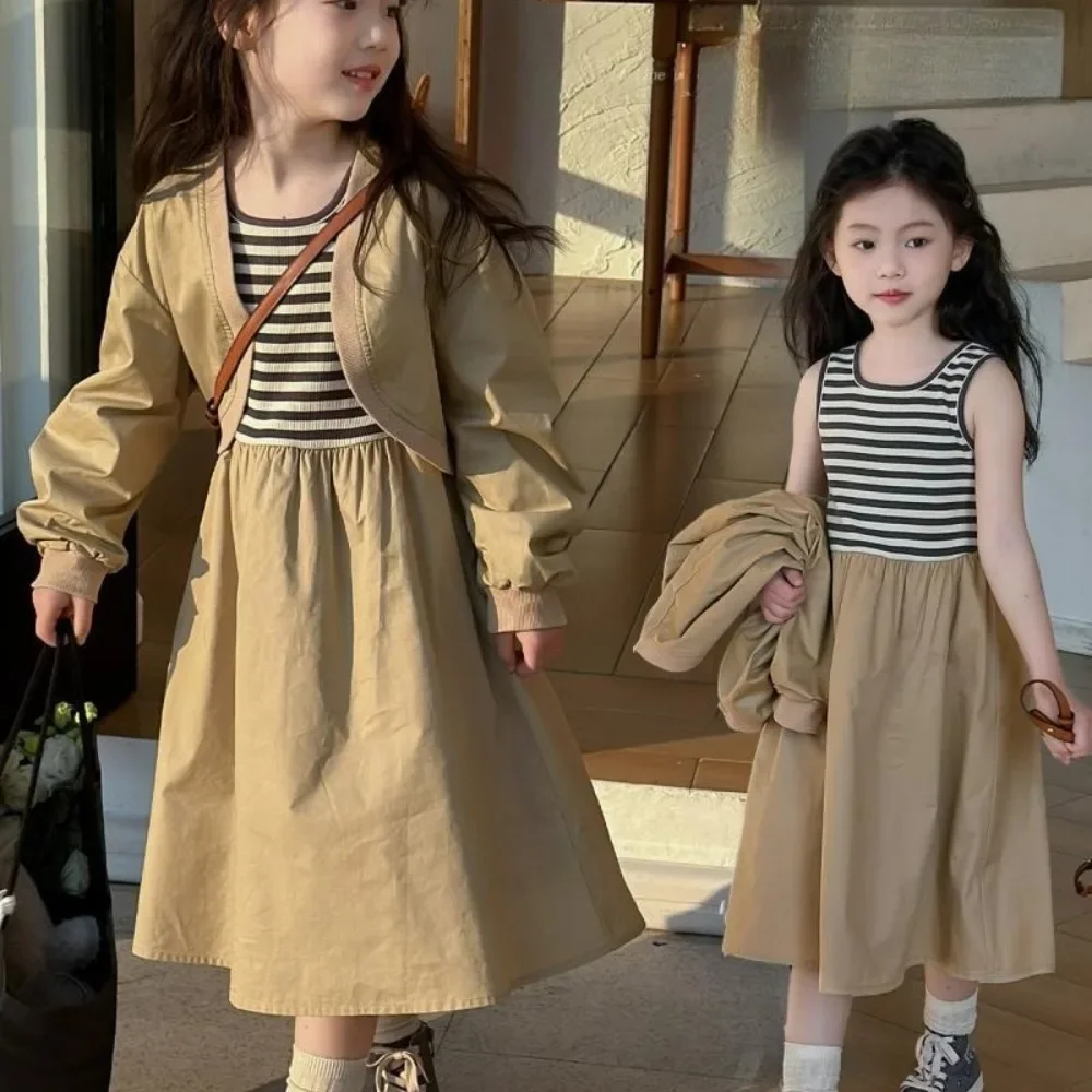 Spring and Autumn Khaki Suit for Girls Casual Korean Version Long Sleeved Jacket+striped Color Blocked Dress Children's Clothes
Spring and Autumn Khaki Suit for Girls Casual Korean Version Long Sleeved Jacket+striped Color Blocked Dress Children's Clothes