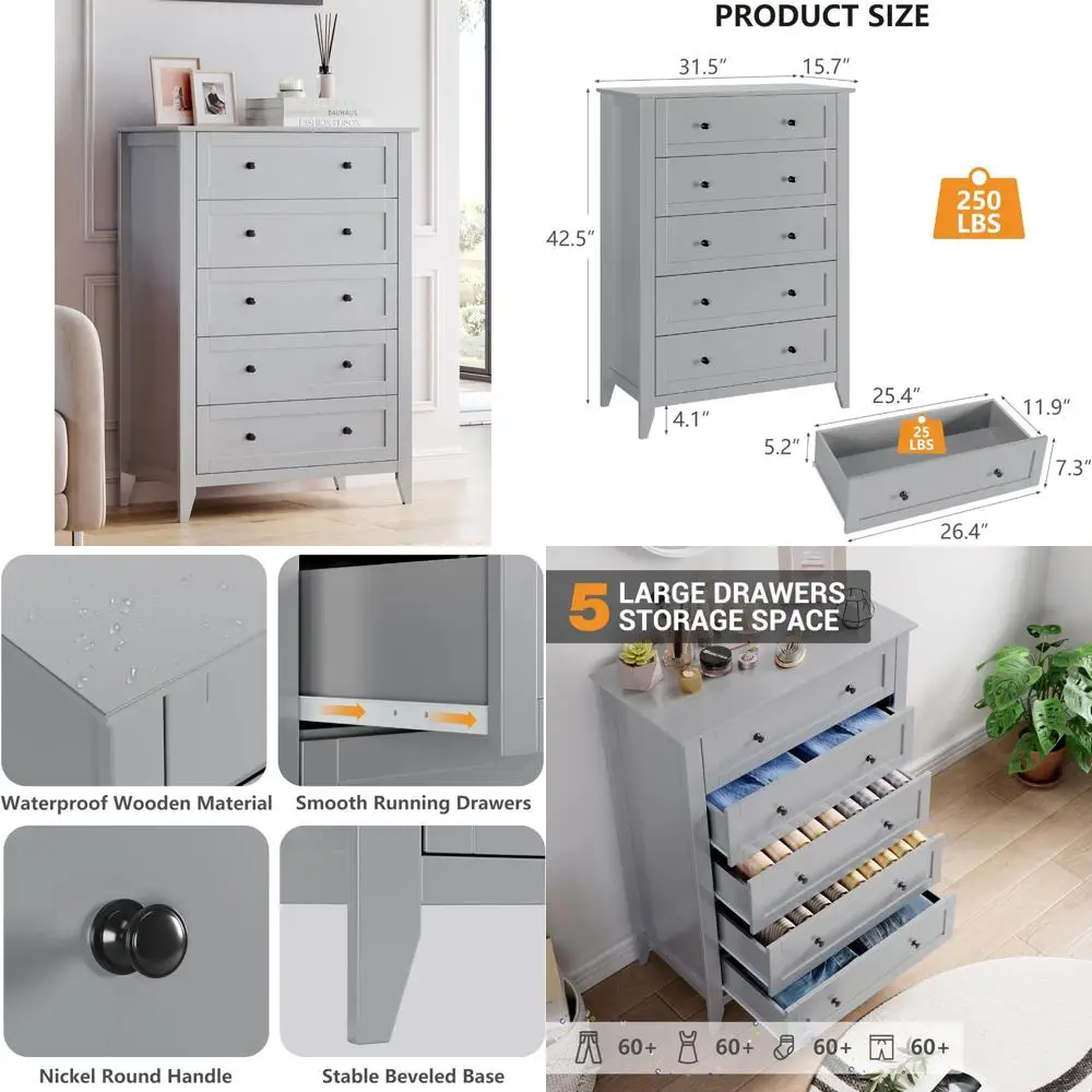 5-Drawer Wooden Storage Cabinet for Bedroom, Tall Dresser with Drawers for Living Space
5-Drawer Wooden Storage Cabinet for Bedroom, Tall Dresser with Drawers for Living Space