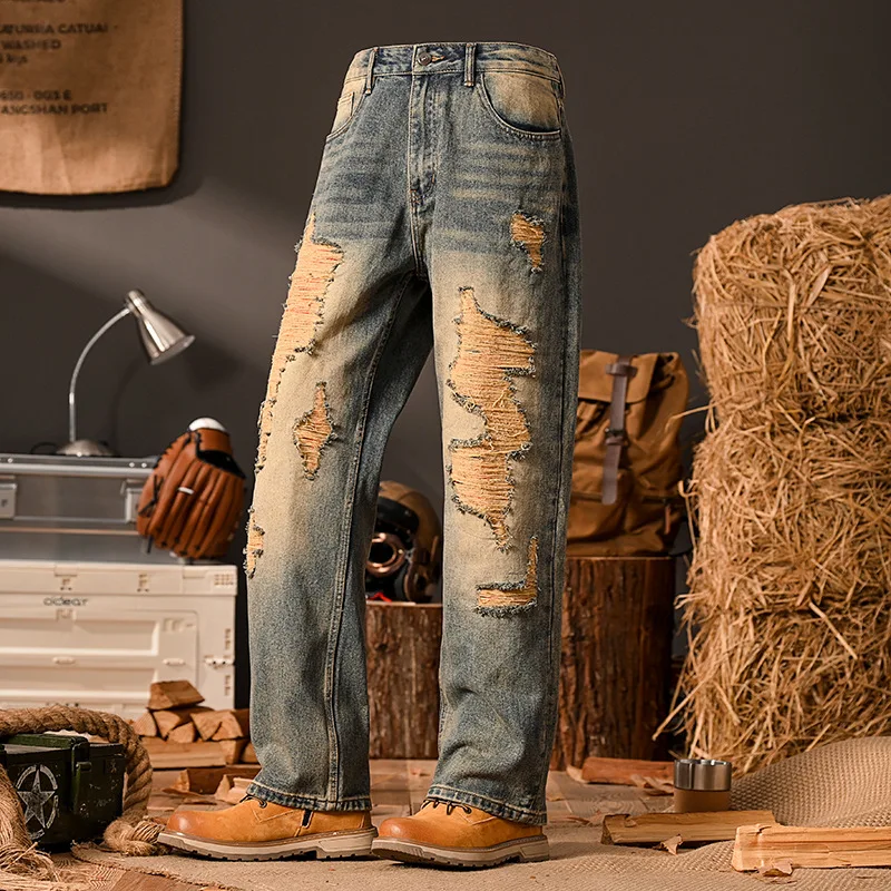 Retro ripped jeans for men, loose straight leg, trendy personality, rugged and stylish street fashion, high-end washed pants
Retro ripped jeans for men, loose straight leg, trendy personality, rugged and stylish street fashion, high-end washed pants