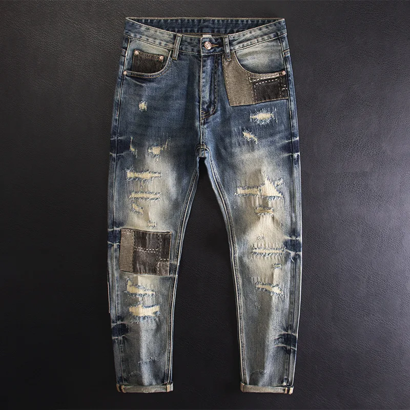 Street jeans, men's ripped patch, contrasting color patch, retro nostalgic personality trend, slim fit elastic denim pants
Street jeans, men's ripped patch, contrasting color patch, retro nostalgic personality trend, slim fit elastic denim pants
