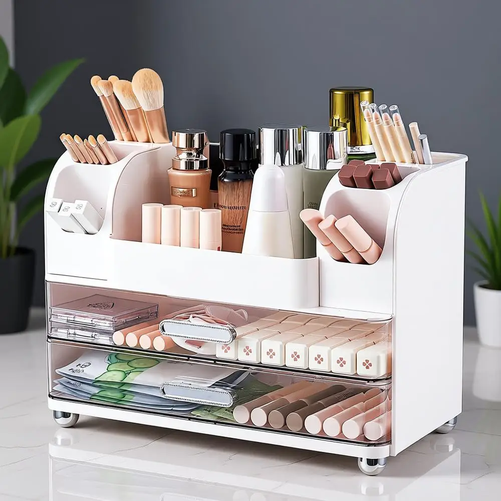 Cosmetic Organizer with Drawers and Brush Holders, Storage for Vanity, Bathroom, Desk - White
Cosmetic Organizer with Drawers and Brush Holders, Storage for Vanity, Bathroom, Desk - White