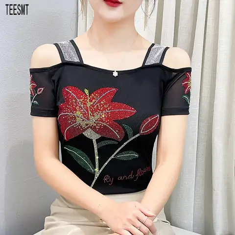 Women's Clothes New Design Sexy Off Shoulder Shiny Diamonds T-Shirts Luxury Brand Mesh Tees Tops Blouse Shirt