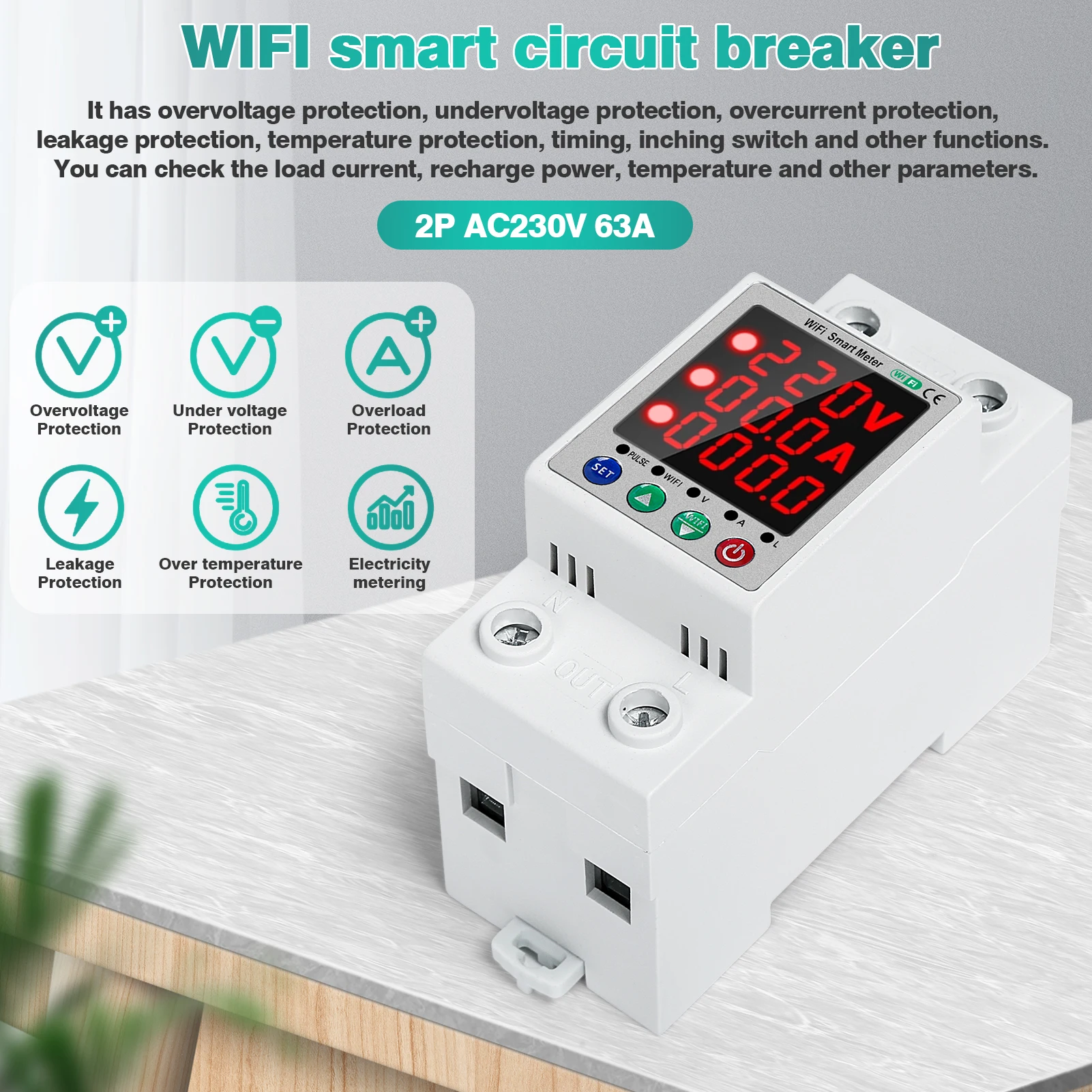 Tuya WiFi Smart Energy Meter Power KWh Meter 2P 63A Over Under Voltage Protector Switch Breaker Intelligent Energy Meter Switch
Tuya WiFi Smart Energy Meter Power KWh Meter 2P 63A Over Under Voltage Protector Switch Breaker Intelligent Energy Meter Switch