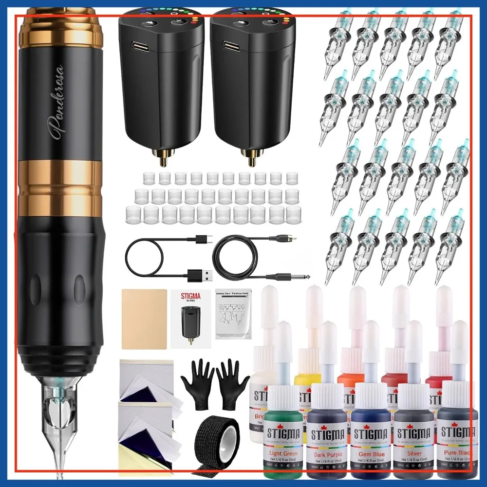 Wireless Tattoo Gun Kit Complete with Pro Short Pen, 2 Batteries, 20 Cartridge Needles, Color Set, Full Accessories
Wireless Tattoo Gun Kit Complete with Pro Short Pen, 2 Batteries, 20 Cartridge Needles, Color Set, Full Accessories