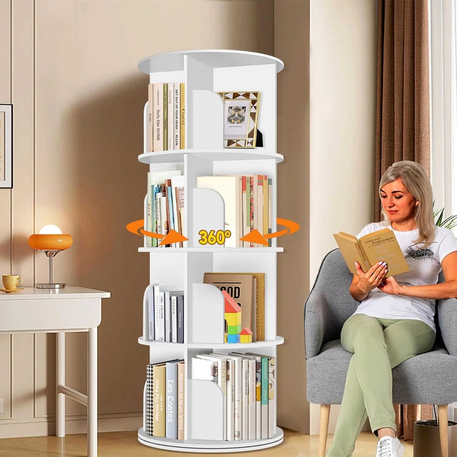 4 Tier 360° Rotating Bookshelf Tower, Revolving Bookcase, Spinning Corner Organizer, White
4 Tier 360° Rotating Bookshelf Tower, Revolving Bookcase, Spinning Corner Organizer, White