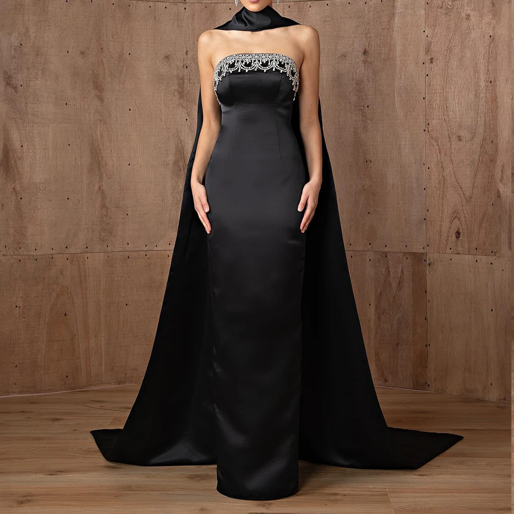 Elegant Pleats Crystal Ribbons Watteau Train Evening Dresses Temperament Black Straight Strapless Satin Sleeveless Party Gowns
Elegant Pleats Crystal Ribbons Watteau Train Evening Dresses Temperament Black Straight Strapless Satin Sleeveless Party Gowns