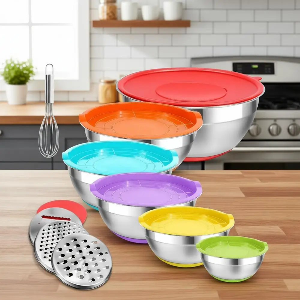 10-Piece Stainless Steel Mixing Bowl Set with Grater, Egg Whisk, and Non-Slip Bases for Food Prep and Storage (1.2QT-5.5QT)
10-Piece Stainless Steel Mixing Bowl Set with Grater, Egg Whisk, and Non-Slip Bases for Food Prep and Storage (1.2QT-5.5QT)