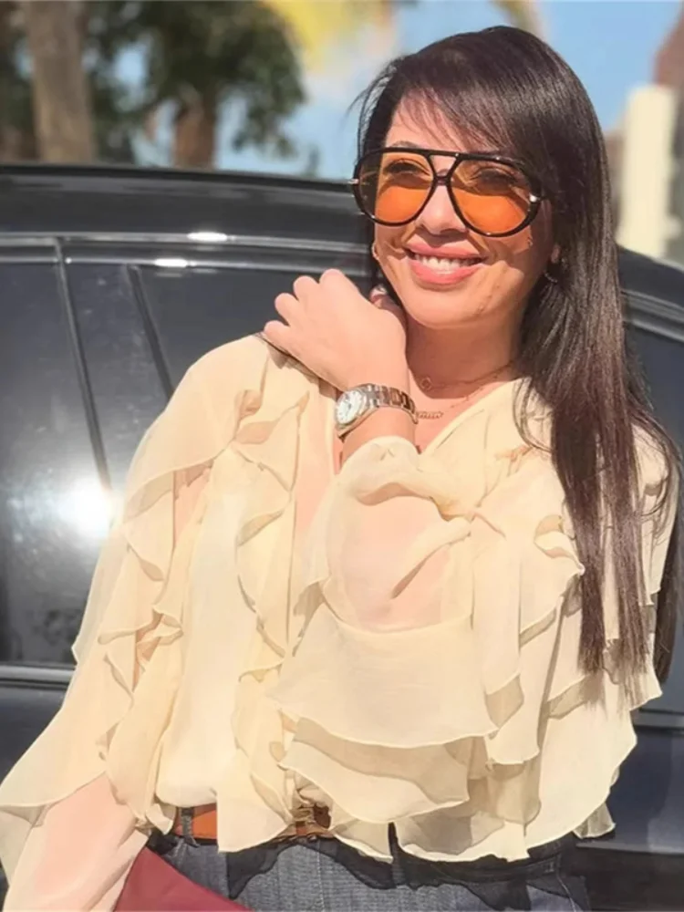 Women Chic Ruffled Long Sleeve Chiffon Shirt Elegant Solid See Through Single Breasted Loose Tops 2026 Spring Lady Vacation Top
Women Chic Ruffled Long Sleeve Chiffon Shirt Elegant Solid See Through Single Breasted Loose Tops 2026 Spring Lady Vacation Top