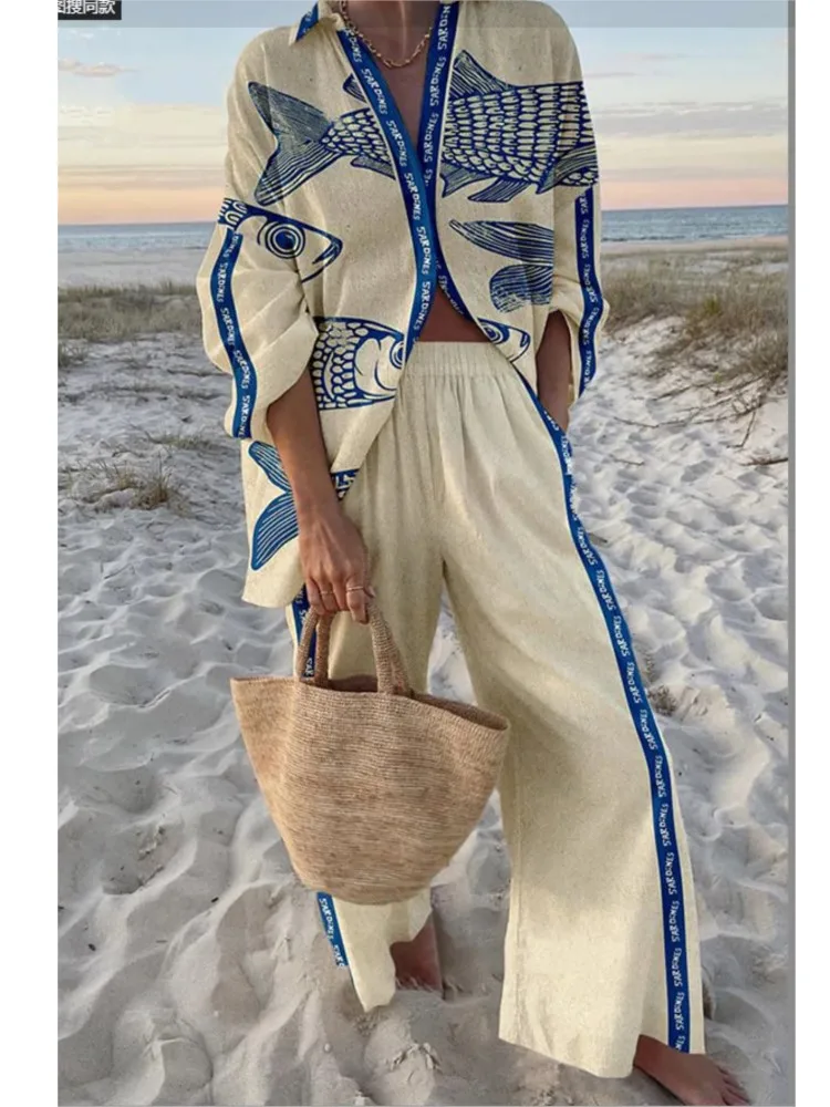 Women's Loose Two-Piece Pants Sets 2025 Summer Fashion Printed Holiday 2-Piece Set Spring Long Sleeve Shirt Top+Wide Leg Trouser
Women's Loose Two-Piece Pants Sets 2025 Summer Fashion Printed Holiday 2-Piece Set Spring Long Sleeve Shirt Top+Wide Leg Trouser
