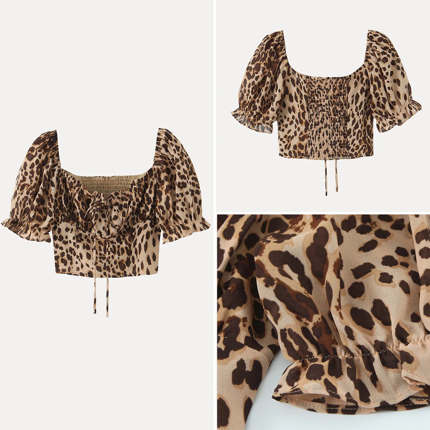 Women's Printed Leopard Pattern Bubble Sve irt with Bow Knot Tie Waist Design ort Sve Faion Spring Autumn 2025
Women's Printed Leopard Pattern Bubble Sve irt with Bow Knot Tie Waist Design ort Sve Faion Spring Autumn 2025