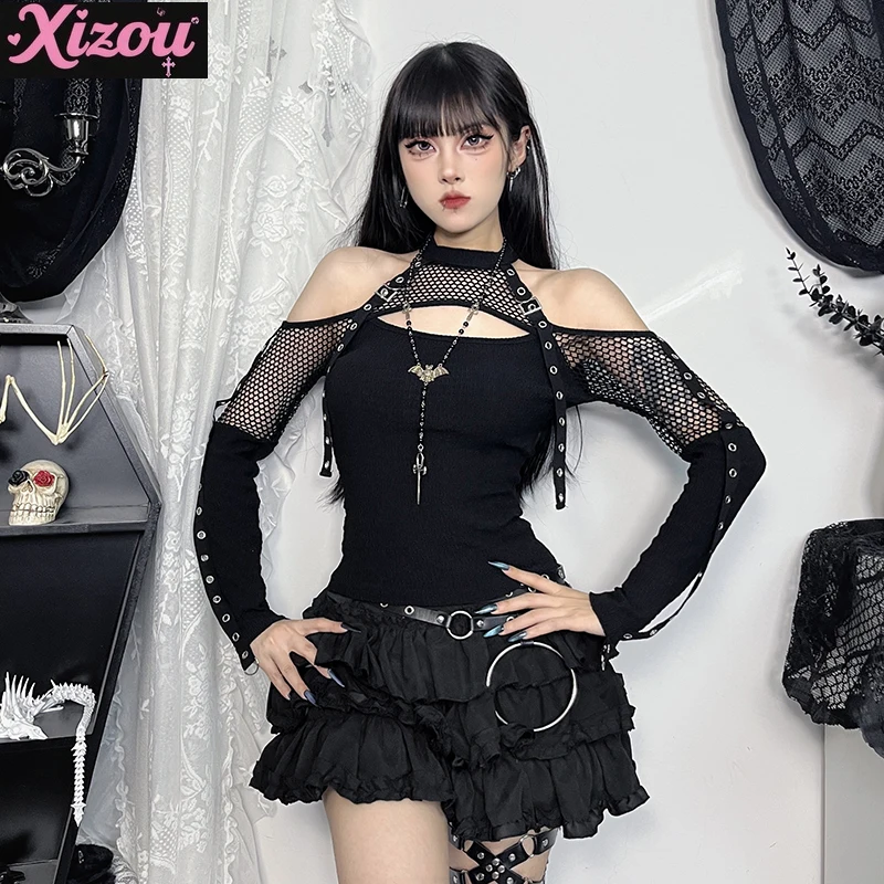 Millennial Babes Goth Black Lace Mesh Off-Shoulder Flared Sleeve T-Shirts Y2K Patchwork Slim Women Autumn Tops Tees Streetwear
Millennial Babes Goth Black Lace Mesh Off-Shoulder Flared Sleeve T-Shirts Y2K Patchwork Slim Women Autumn Tops Tees Streetwear