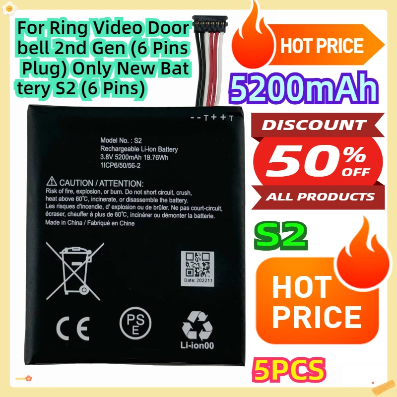 For Ring Video Doorbell 2nd Gen (6 Pins Plug) Only New Battery S2 (6 Pins) 5pcs 
For Ring Video Doorbell 2nd Gen (6 Pins Plug) Only New Battery S2 (6 Pins) 5pcs