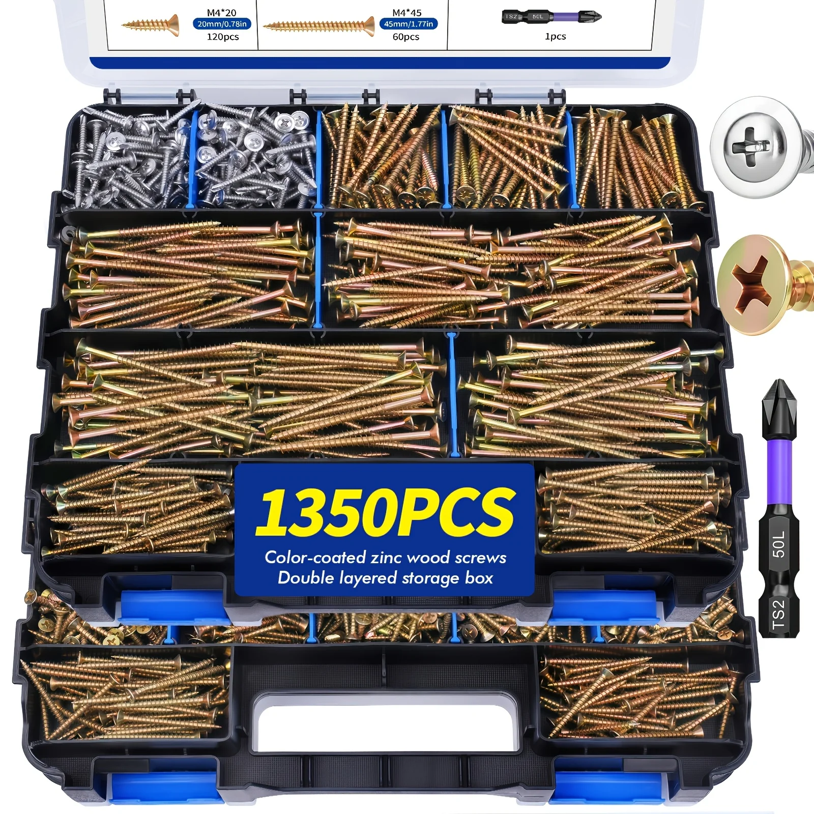 1350pcs Wood Screw Set, Professional-grade Flathead Self-tapping Carbon Steel Phillips Head Screws (M3.5, M4, M5) with A High-quality Wrench, Double-reinforced Storage Box Suitable for Professional Woodworkers And DIY Enthusiasts
1350pcs Wood Screw Set, Professional-grade Flathead Self-tapping Carbon Steel Phillips Head Screws (M3.5, M4, M5) with A High-quality Wrench, Double-reinforced Storage Box Suitable for Professional Woodworkers And DIY Enthusiasts