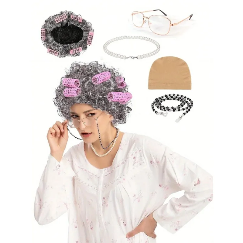 Old Lady Costume Set - Grandmother Synthetic Wigs, Wig Caps, Granny Glasses, Glasses Retention Chains, Pearl Necklaces
Old Lady Costume Set - Grandmother Synthetic Wigs, Wig Caps, Granny Glasses, Glasses Retention Chains, Pearl Necklaces